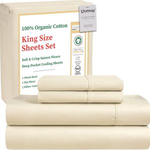 100% Organic Cotton King Size Sheets Set - Luxury Sateen Weave 300 TC 4 Piece Deep Pocket King Sheets Fits Upto 17", GOTS Certified Naturally Cool Soft Breathable & Comfy Sheet & Pillowcase Sets,- Tan