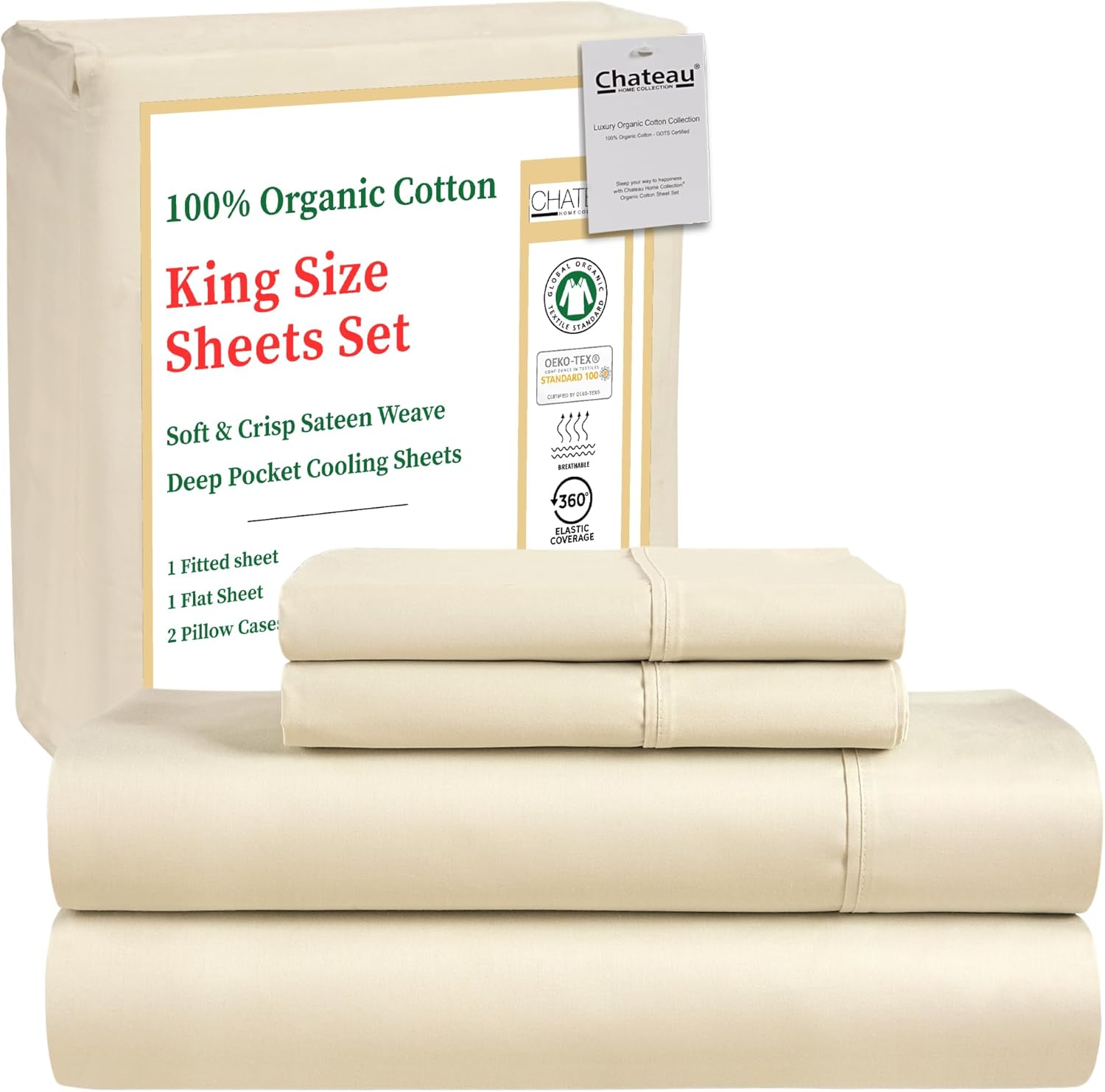 100% Organic Cotton King Size Sheets Set – Luxury Sateen Weave 300 TC 4 Piece Deep Pocket King Sheets Fits Upto 17″, GOTS Certified Naturally Cool Soft Breathable & Comfy Sheet & Pillowcase Sets,- Tan