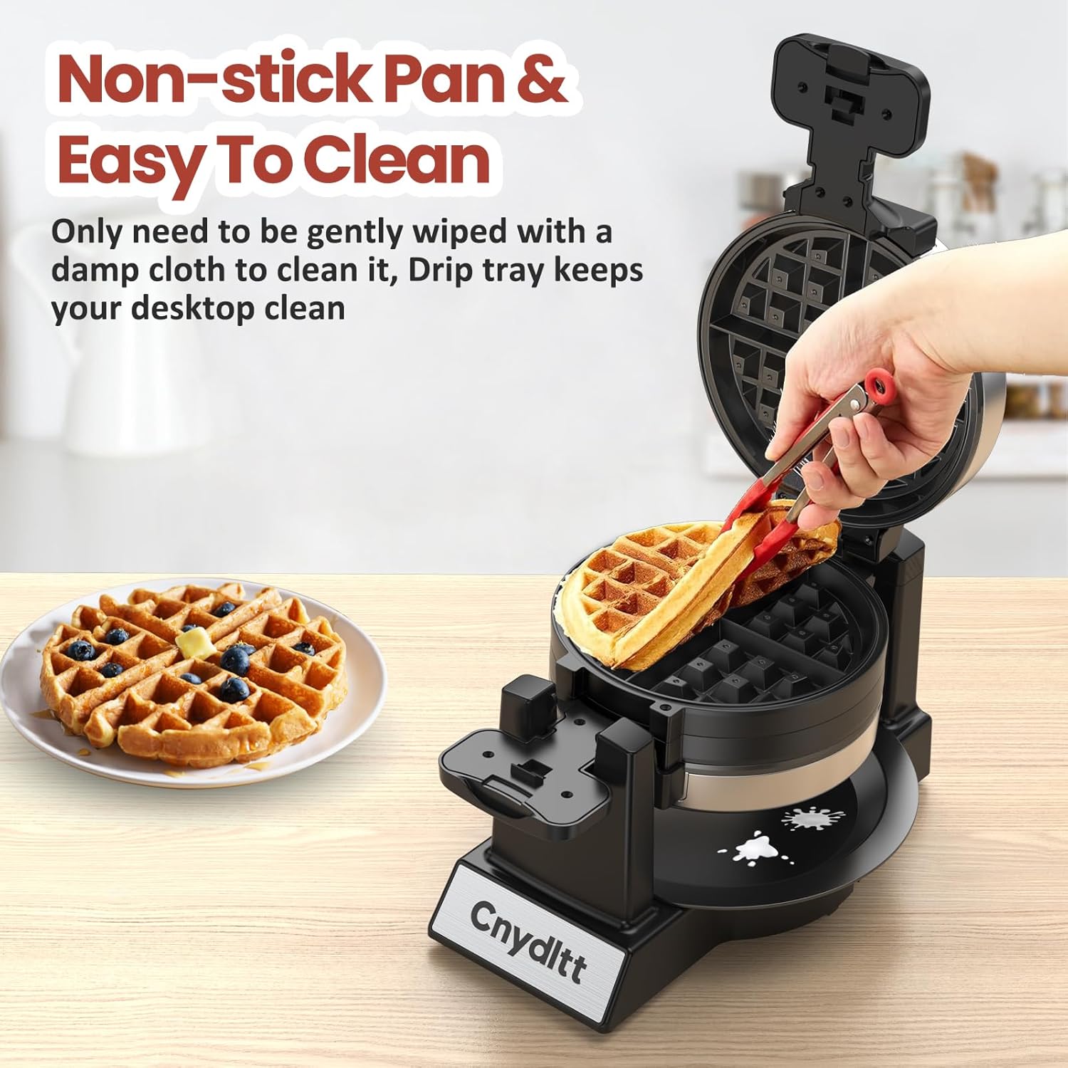 Double Waffle Maker, 1400W Rotating Belgian Waffle Iron with Nonstick Plates, 180° Flip, 8-Slice, Removable Drip Tray, Locking Lid & Cool Touch Handles, Stainless, Black - Image 5