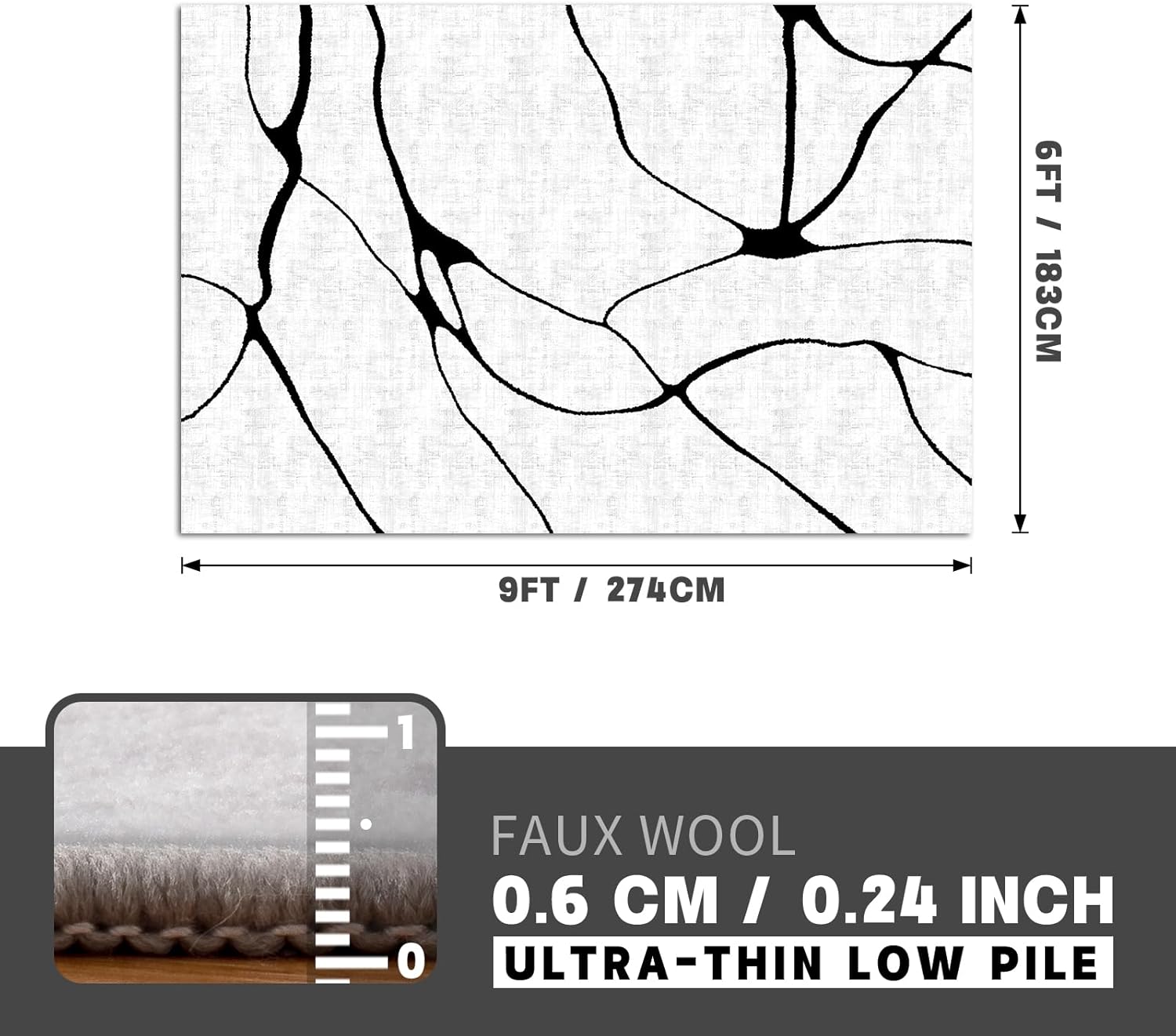 YIHOUSE Abstract 6'x9' Black and White Rug- Washable Area Rug for Living Room Bedroom, Large Modern Non-Slip Ultra-Thin Rug Home Decor,Warping,6x9ft - Image 2