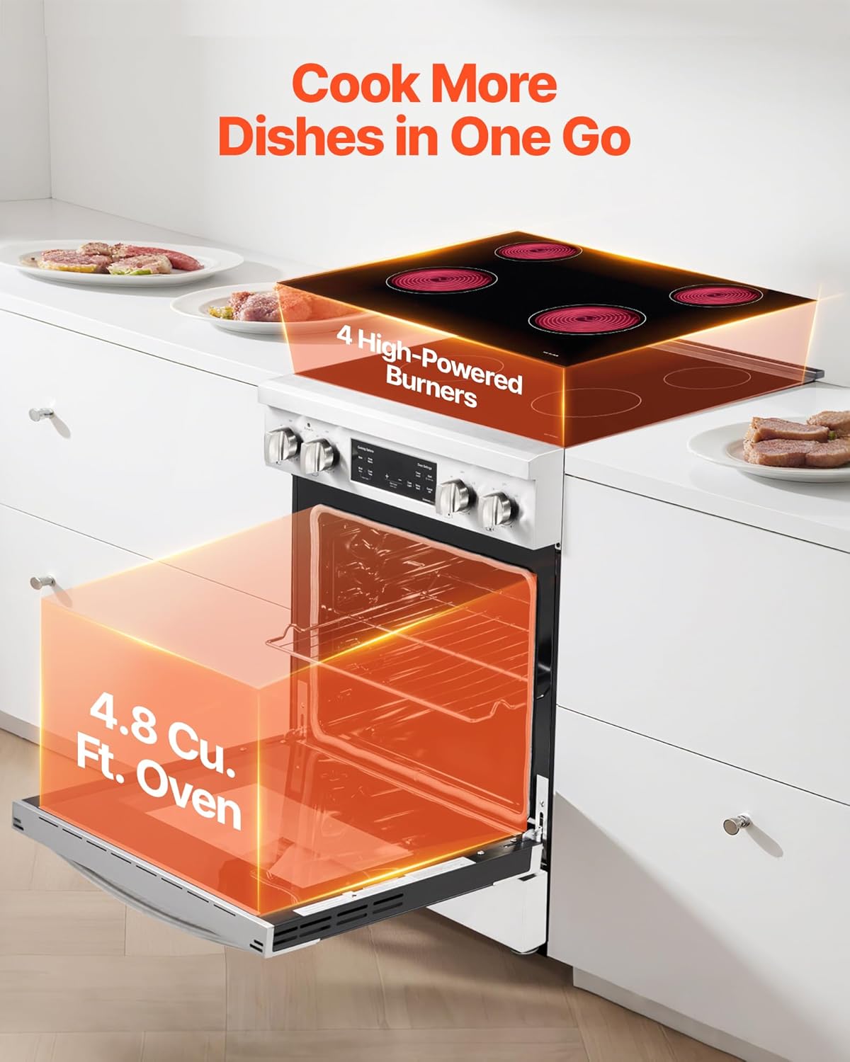 VEVOR 30in Electric Range Oven, 4.8Cu. Ft. Capacity Compact Freestanding Oven, Stainless Steel Kitchen Stove, with 4 Cooktop Burners, Easy Reach Racks, Storage Drawer, Indicator Light(No Power Cord) - Image 2