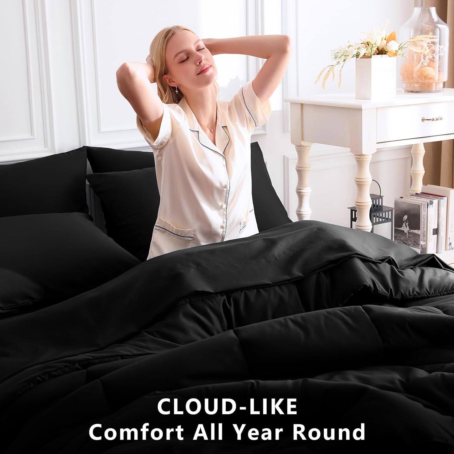 CozyLux King Size Comforter Set Black, 7 Pieces Bed in a Bag, Black Comforter King Size, All Season Bedding Sets with Stitch Quilted Comforter, Flat Sheet, Fitted Sheet, Pillowcases - Image 4