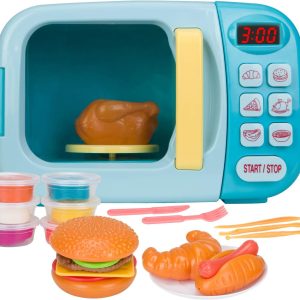 Microwave Toys Kitchen Play Set with Light Sound,Kids Pretend Play Electronic Oven with Play Food and 6 Color DIY Play-Dough for Children Ages 3+ Years (Blue)