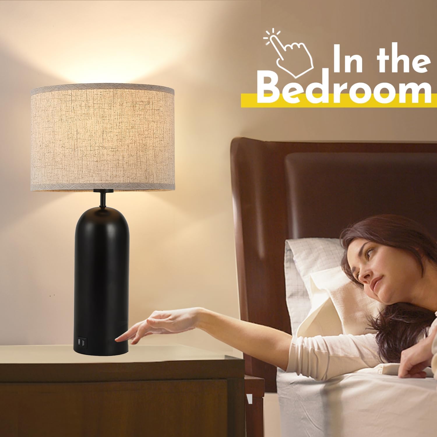 Black&Cream Table Lamps Set of 2 - 3-Way Dimmable with USB A+C Ports - Modern End Table Lamps for Living Room & Bedroom - 22inch - Image 5