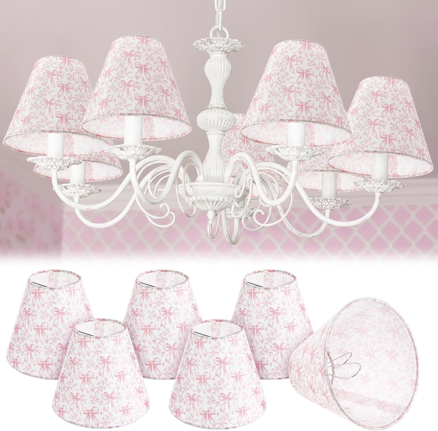 VIHOSE 6 Pcs Small Lampshade 3" Top x 6" Bottom x 5" High Vintage Pink Toile Coquette Chandelier Pink Bow Chinoiserie Lamp Shade Clip Bulbs Chimney Cover for Table Floor Lamps