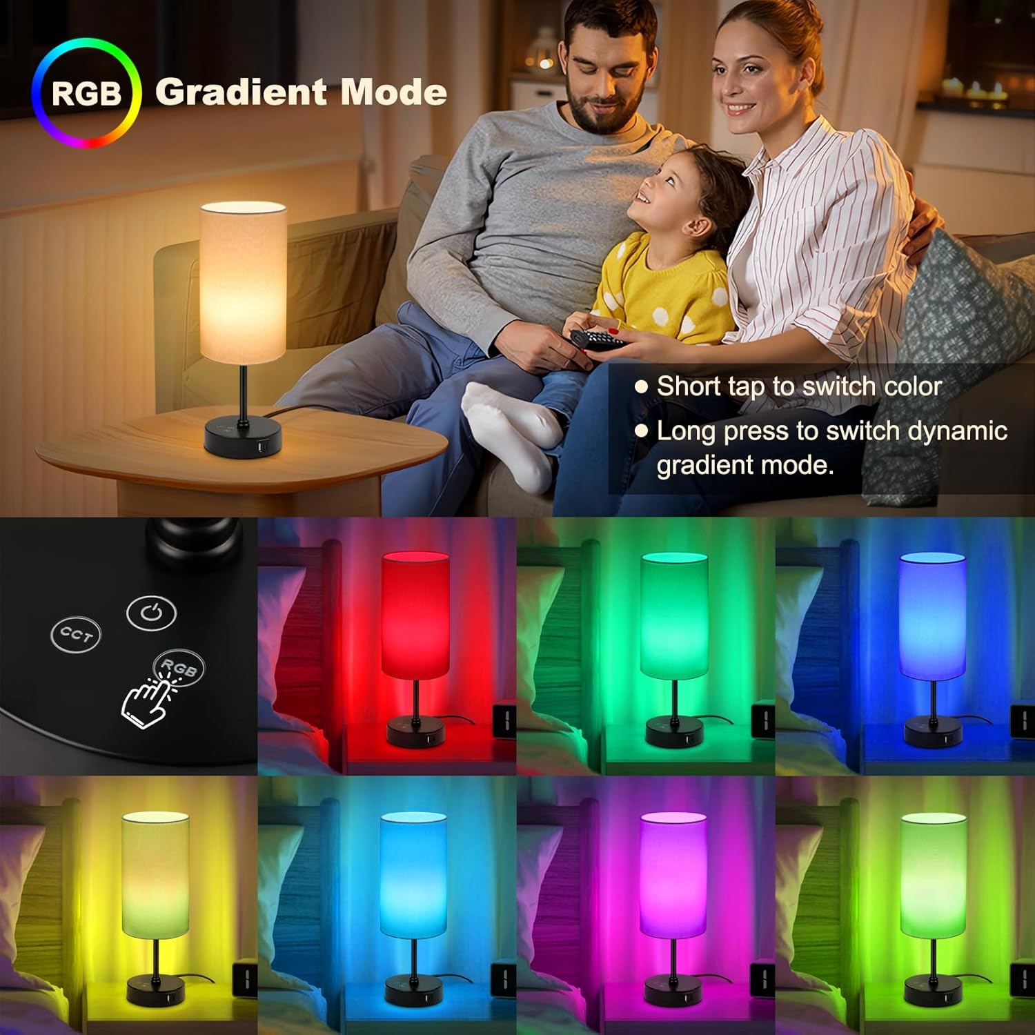 Unicozin Small Table Lamp, 3 CCT 3000K/4500K/6500K & RGB Color Changing, Stepless Dimmable Bedside Lamp for Reading, Touch Control Ambience Nightstand Light for Home Decor Party, Cream Shade - Image 3