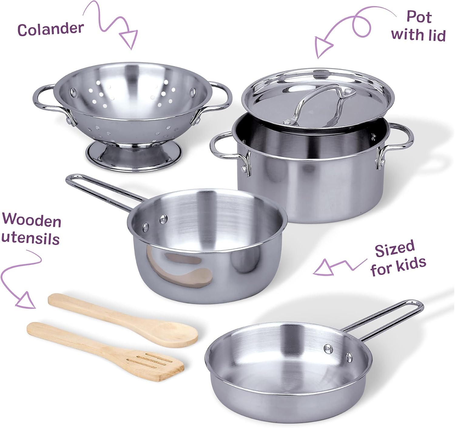 Melissa & Doug Stainless Steel Pots & Pans, 8 Piece Play Kitchen Set, Premium Play Kitchen Accessories & Cooking Utensils, Preschool Toys for Kids 3+ - Image 6