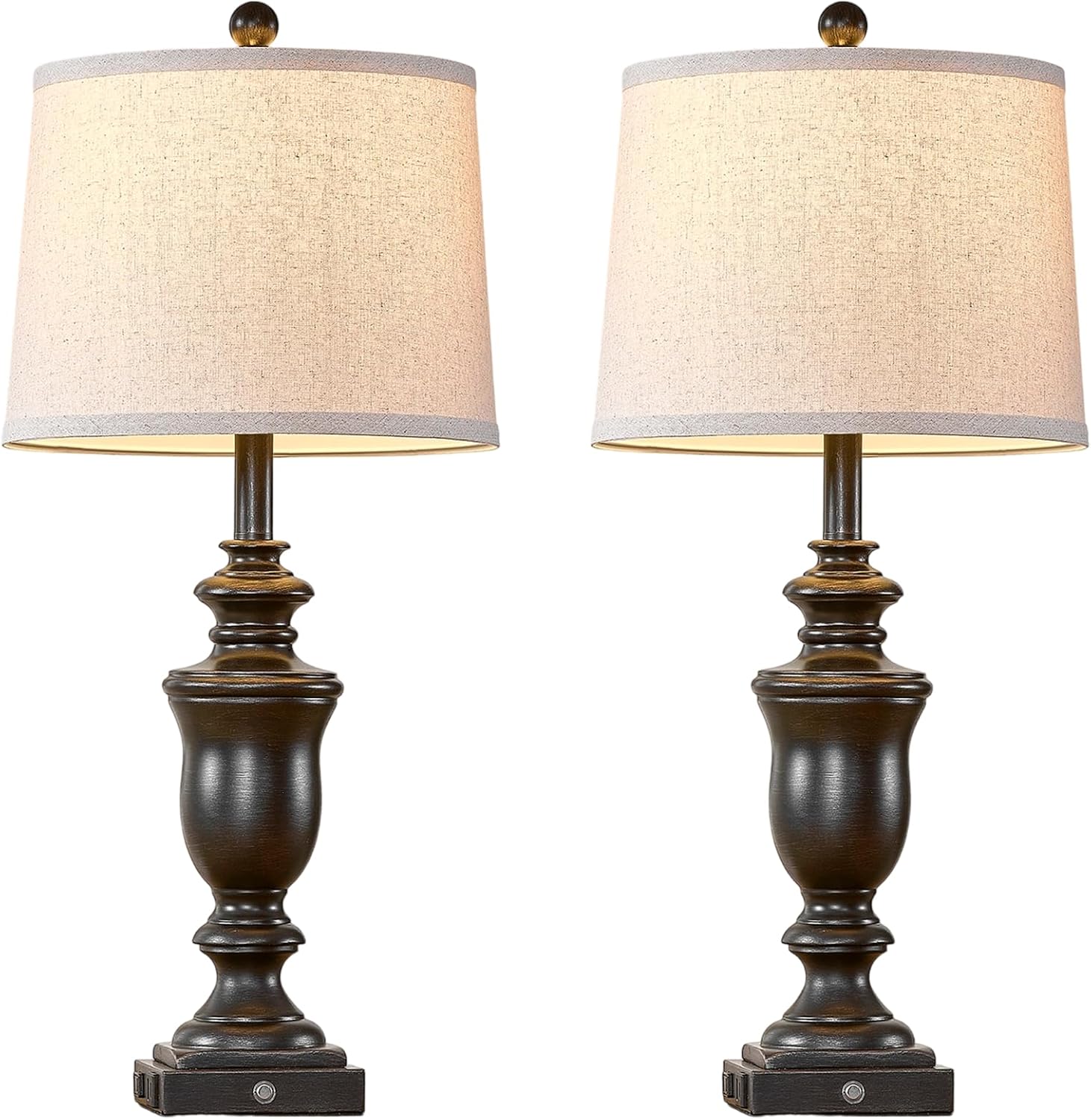 27.5" Set of 2 Farmhouse Table Lamps for Bedroom, 3 Way Dimmable Bedside Lamp with 2 USB +AC Outlet Nightstand Lamps for Living Room Resin Rustic Touch Lamps (Antique Black) - Image 5