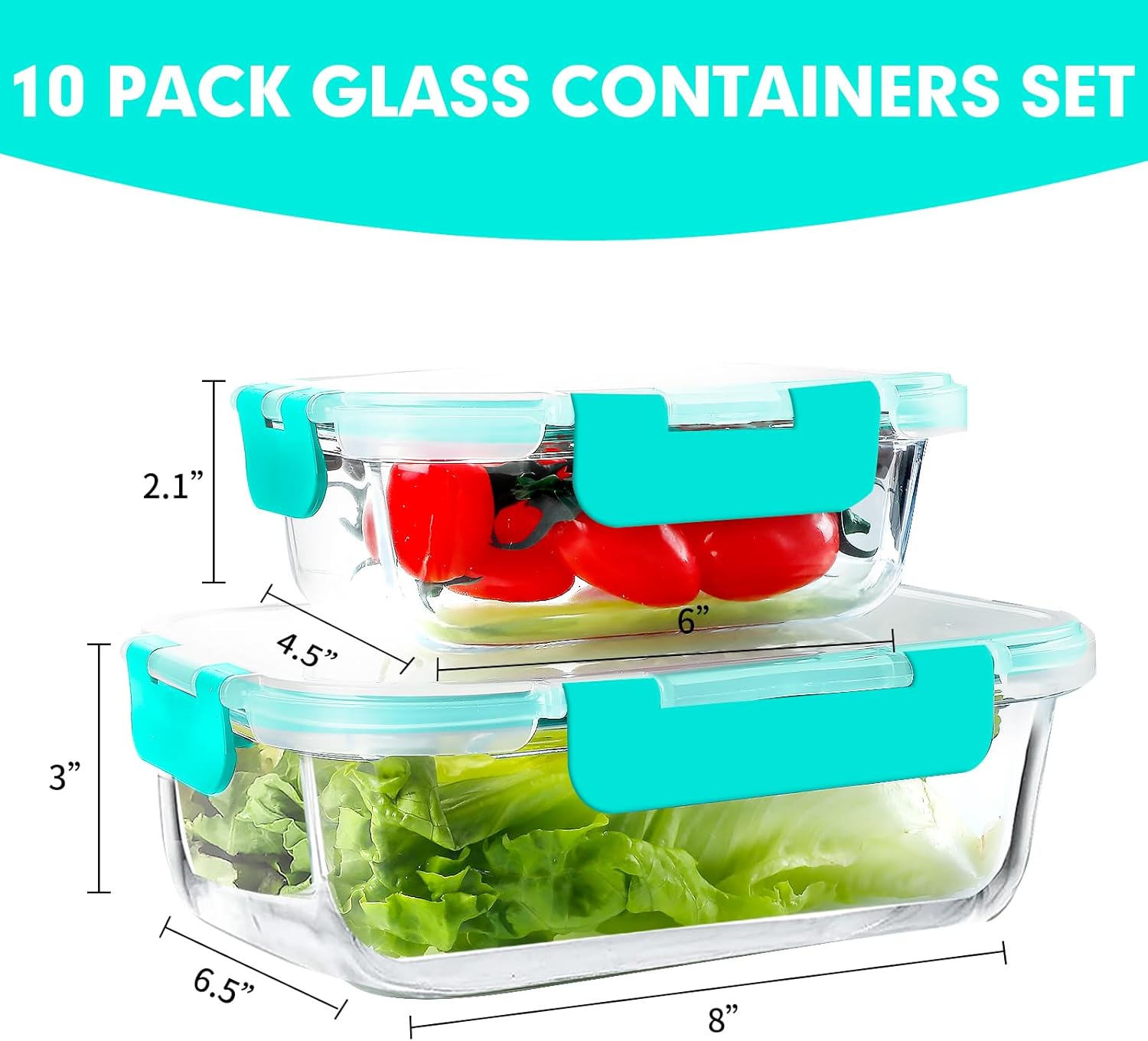 VERONES 10Pack Glass Meal Prep Containers, Airtight Glass Lunch Containers,Stackable Glass Food Storage Containers Set with Lids,Exclusive of BPA, for Microwave,Oven, Freezer&Dishwasher Friendly,Green - Image 2
