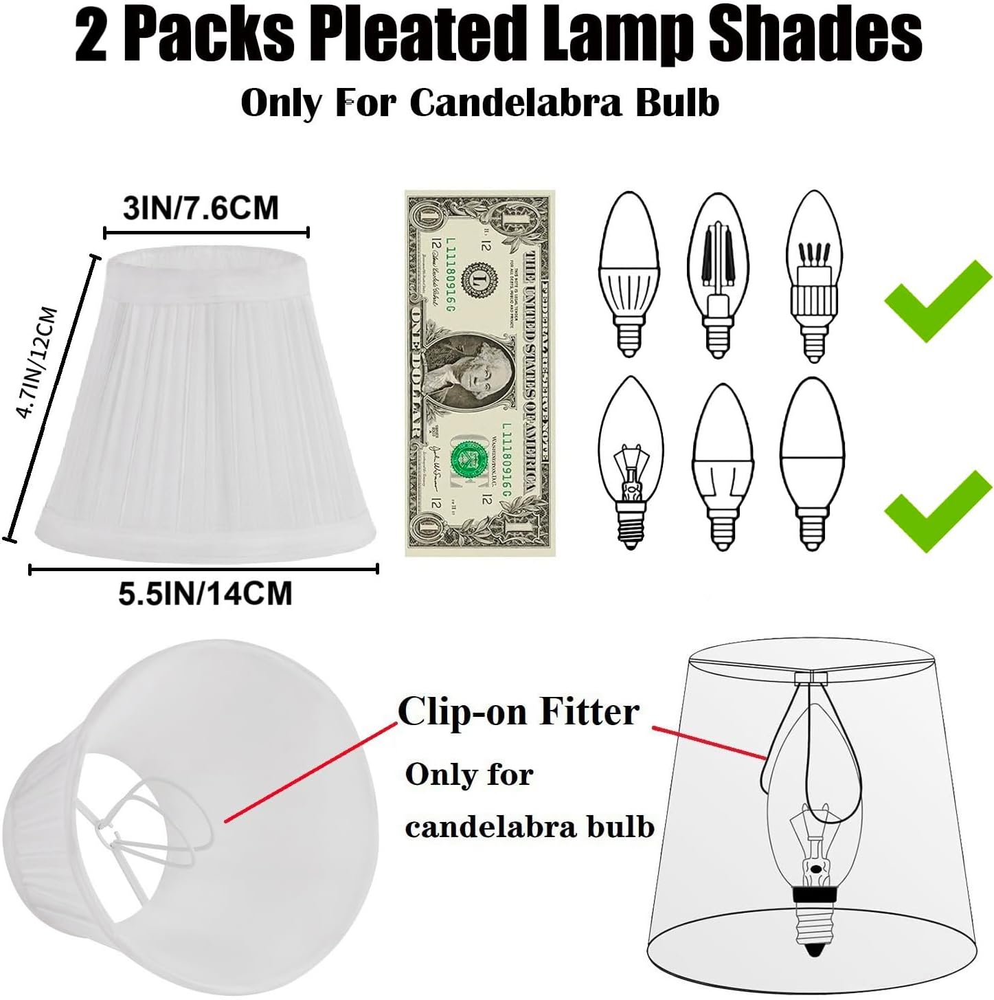 Chandelier Shades Set Of 2,Mini Lamp Shade 3" Top x 5.5" Bottom x 4.7" Slant,Small Lamp Shades Clip On Bulb,Pleated Chandelier Lamp Shades,Fabric Lampshades That Attach To The Bulb(White) - Image 2