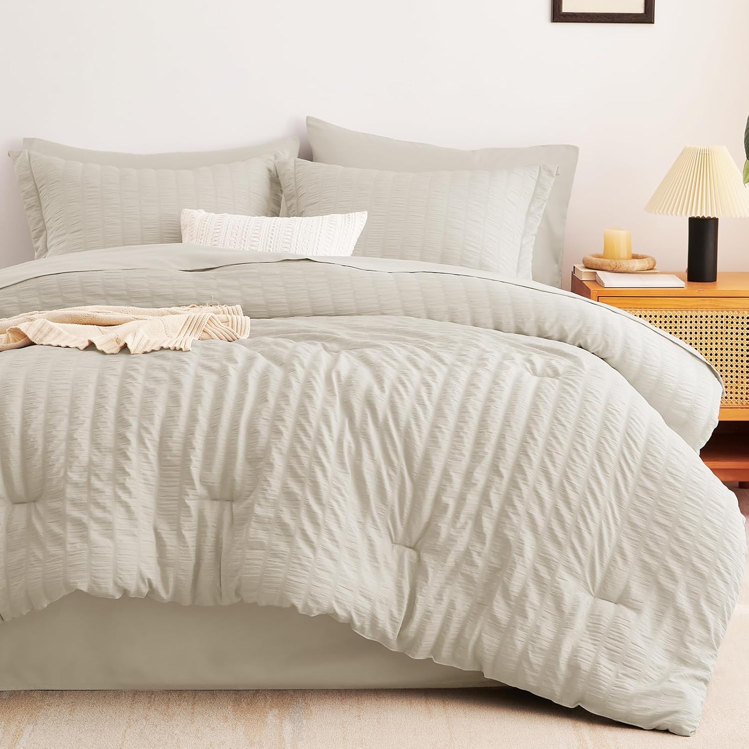 CozyLux Queen Comforter Set Oatmeal Seersucker 7 Pieces Bed in a Bag Queen Comforter Set with Sheets Luxury Soft Bedding Set with Down Alternative Comforter, Sheets, Pillowcases & Shams for All Season - Image 9