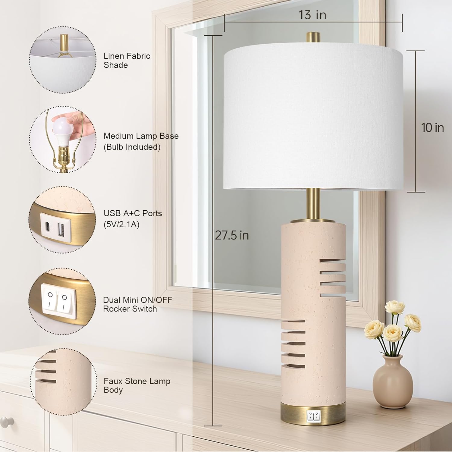 27.5" Faux Stone Table Lamps Set of 2 with Night Light, Farmhouse Lamps for Living Room with USB A+C Ports, Bedside Table Lamps with Linen Shade for Bedroom Nightstand Office (Bulb Included) - Image 2