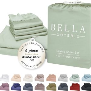 Bella Coterie 6 Piece Luxury Bamboo Viscose King Size Sheet Set | 100% Organically Grown | Cooling for Hot Sleepers | 18" Deep Pocket | Soft & Hypoallergenic | 4 Pillowcases [Sea Glass]