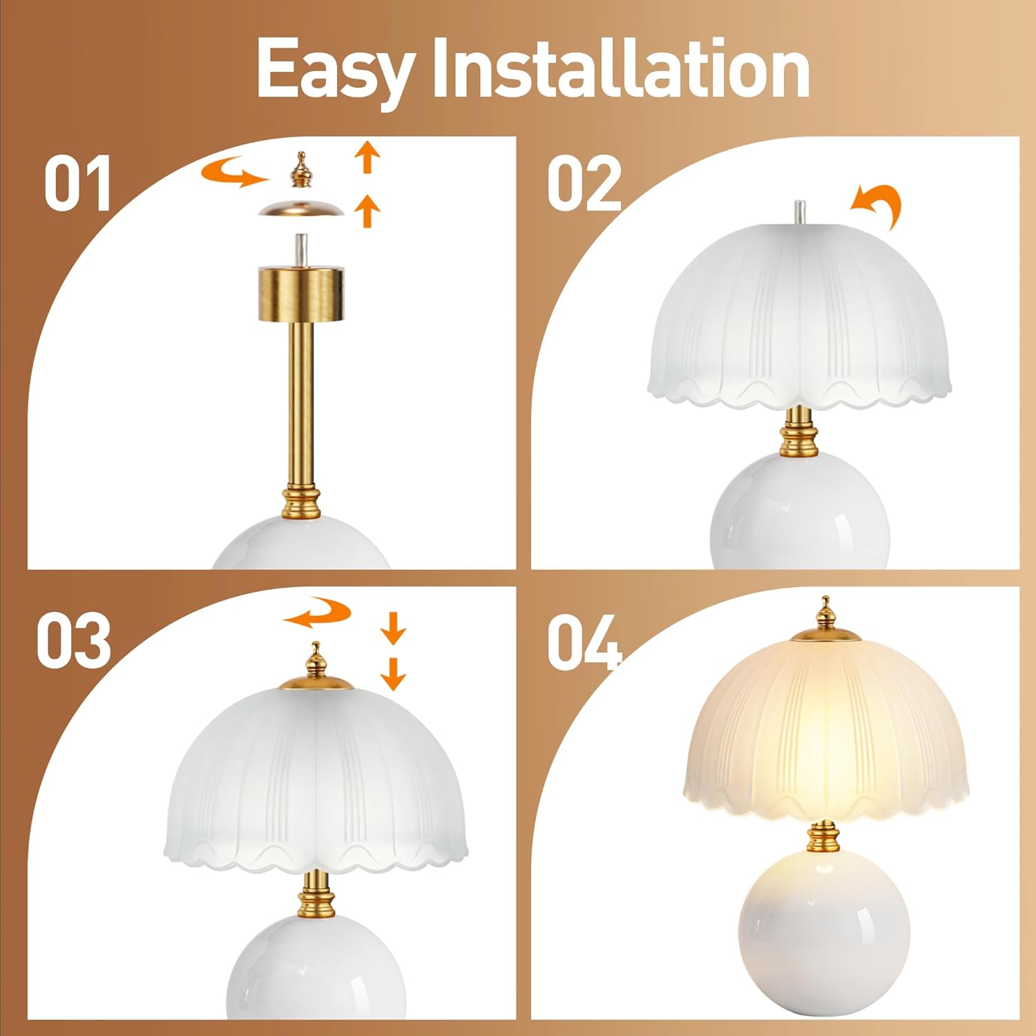 PARTPHONER Mushroom Table Lamp, Ceramic Bedside Lamp with Glass Shade, 3-Way Lighting (2700K-5000K) Rocker Switch, Small Nightstand Lamp for Bedroom, Living Room, Office, White - Image 7