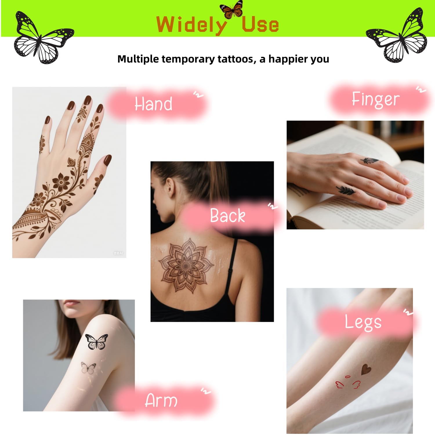 Temporary Tattoos Kit - Large 12 Sheets Temporary Tattoo Stencil Kit - 78 Unique Tattoo Designs - 6 Pcs (Brown/Black/Maroon) Ink with Paint Brush for DIY Body Art - Tattoos for Women Men Kids - Image 6