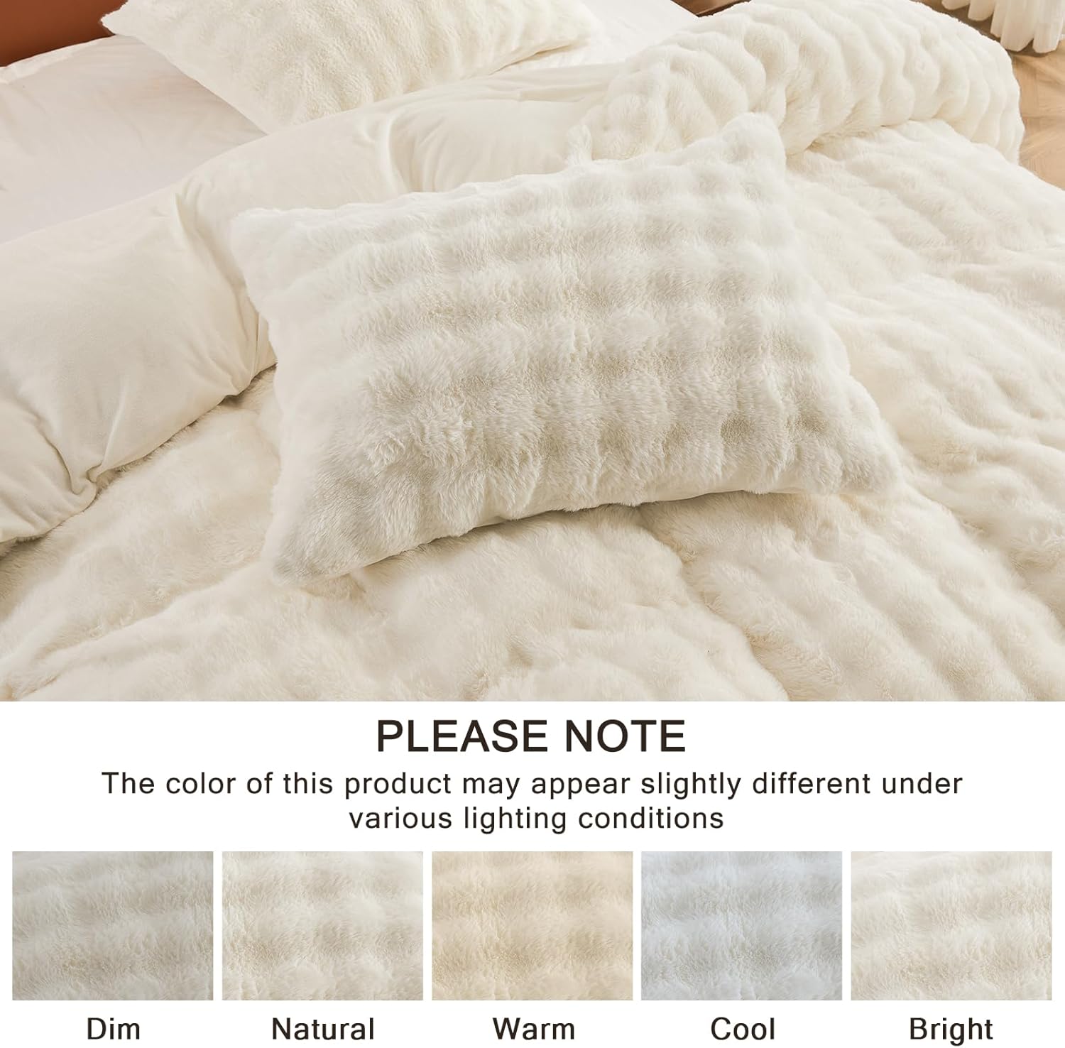 EMME Faux Fur Duvet Cover Queen Size, 3 Pieces Ultra Soft Fluffy Comforter Cover, Cozy Warm for Winter, Luxury Elegant Shaggy Bubble Design Bedding, 1 Duvet Cover & 2 Pillow Shams (Queen, Cream White) - Image 6