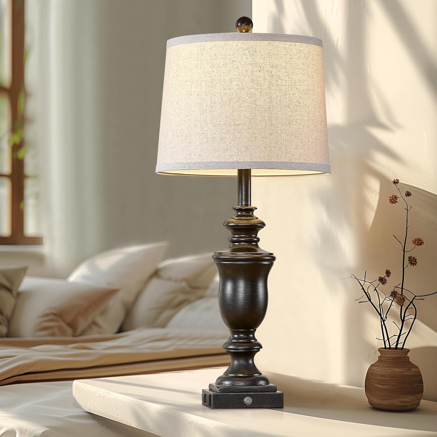 27.5" Set of 2 Farmhouse Table Lamps for Bedroom, 3 Way Dimmable Bedside Lamp with 2 USB +AC Outlet Nightstand Lamps for Living Room Resin Rustic Touch Lamps (Antique Black) - Image 4