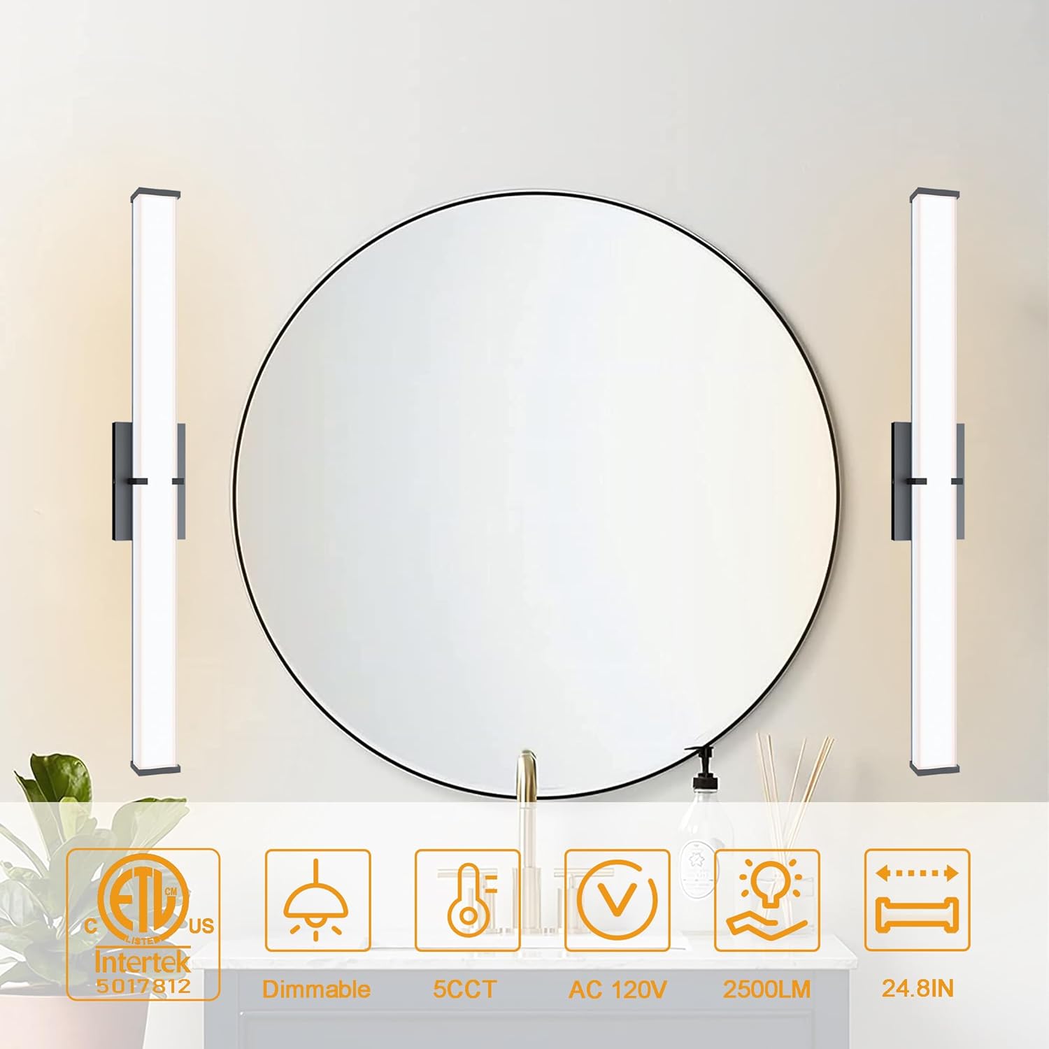 24.8Inch 2500LM Bathroom Light Fixtures 5CCT Optional, Black Modern LED Vanity Lights Clear Shade, Dimmable Bathroom Lighting Fixtures Over Mirror - ETL Listed - Image 7