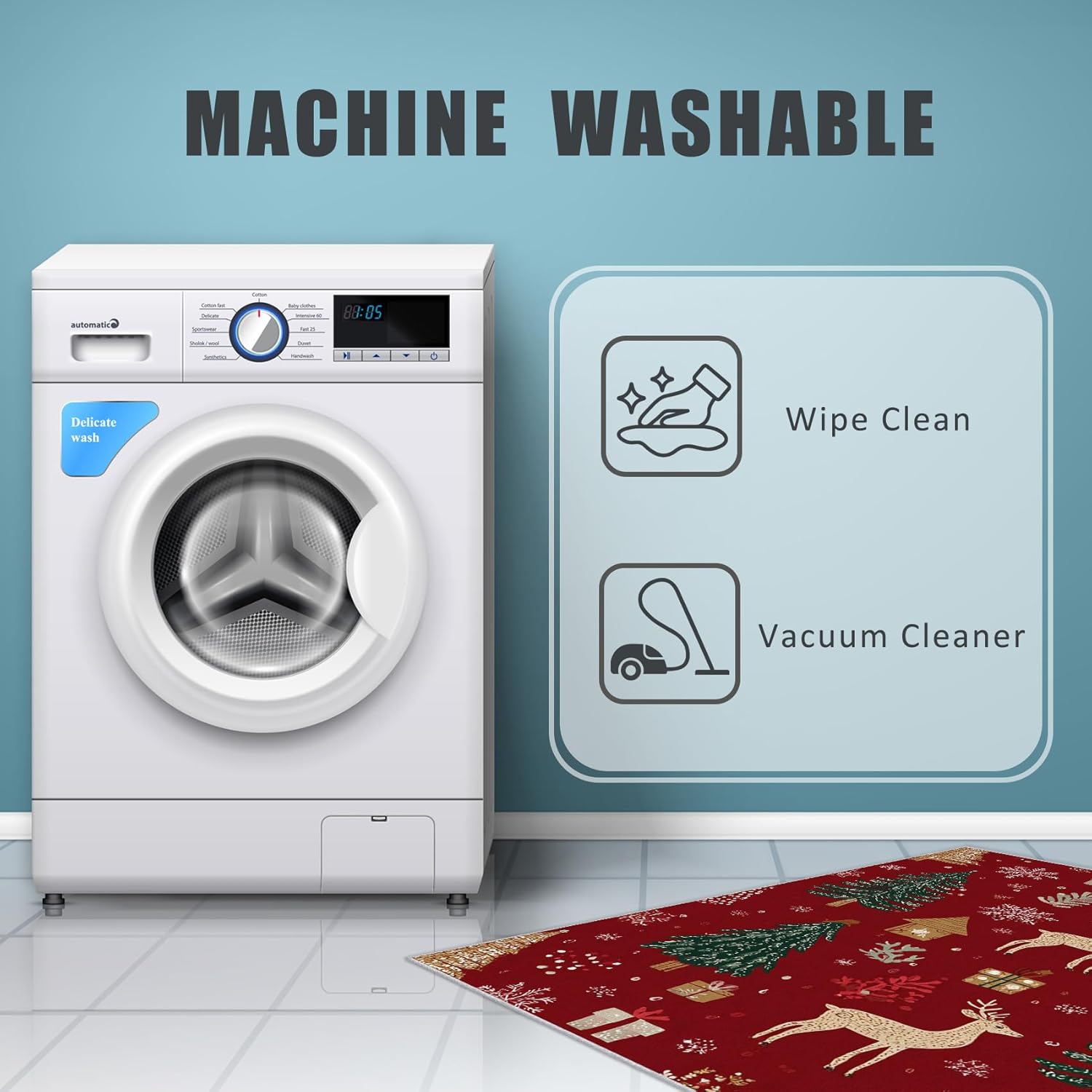 Washable 5x5 Christmas Rug Living Room, Reindeer Xmas Tree Holiday Theme Design Area Rugs for Bedroom, Christmas Home Decor Carpet, Low Pile, Non Slip, Kids & Pet Friendly (I0548) - Image 7