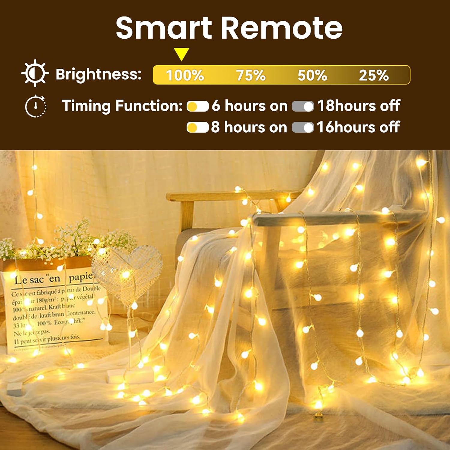 Dailyart Globe String Lights, 100Led 59FT Waterproof Fairy Lights Plug in 8 Modes with Remote Control, Brightness Adjustable &Timing String Lights Indoor Outdoor, Fairy Lights for Bedroom, Warm White - Image 2