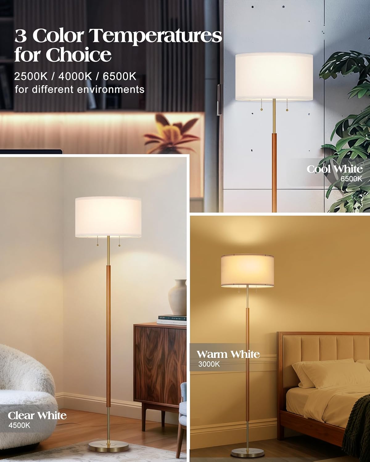 BTP Mid Century Floor Lamp for Bedroom, 2-Lights Wood Floor Lamp with Dual Switch, Tall Reading Standing Light for Living Room Office Farmhouse, 3 Color Temperatures 9W Bulbs*2 Included - Image 4