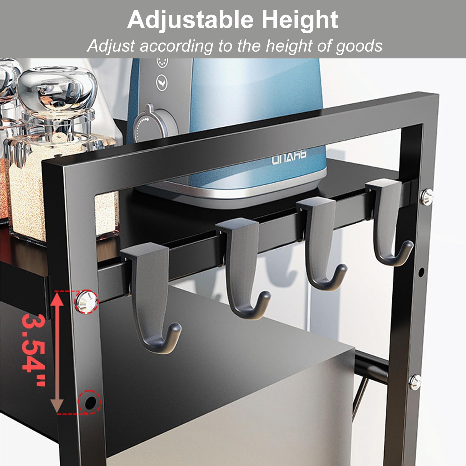 Expandable Microwave Stand Countertop, 3 Tier Heavy Duty Over Microwave Shelf Countertop with 8 Hooks,Height Adjustable Carbon Steel Microwave Oven Rack Shelf for Kitchen,Holds 132lb,Black - Image 6