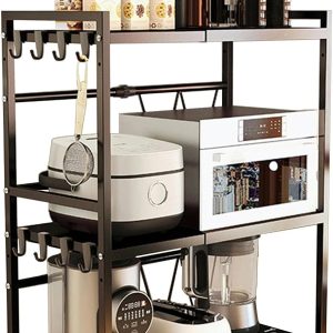 Expandable Microwave Stand Countertop, 3 Tier Heavy Duty Over Microwave Shelf Countertop with 8 Hooks,Height Adjustable Carbon Steel Microwave Oven Rack Shelf for Kitchen,Holds 132lb,Black
