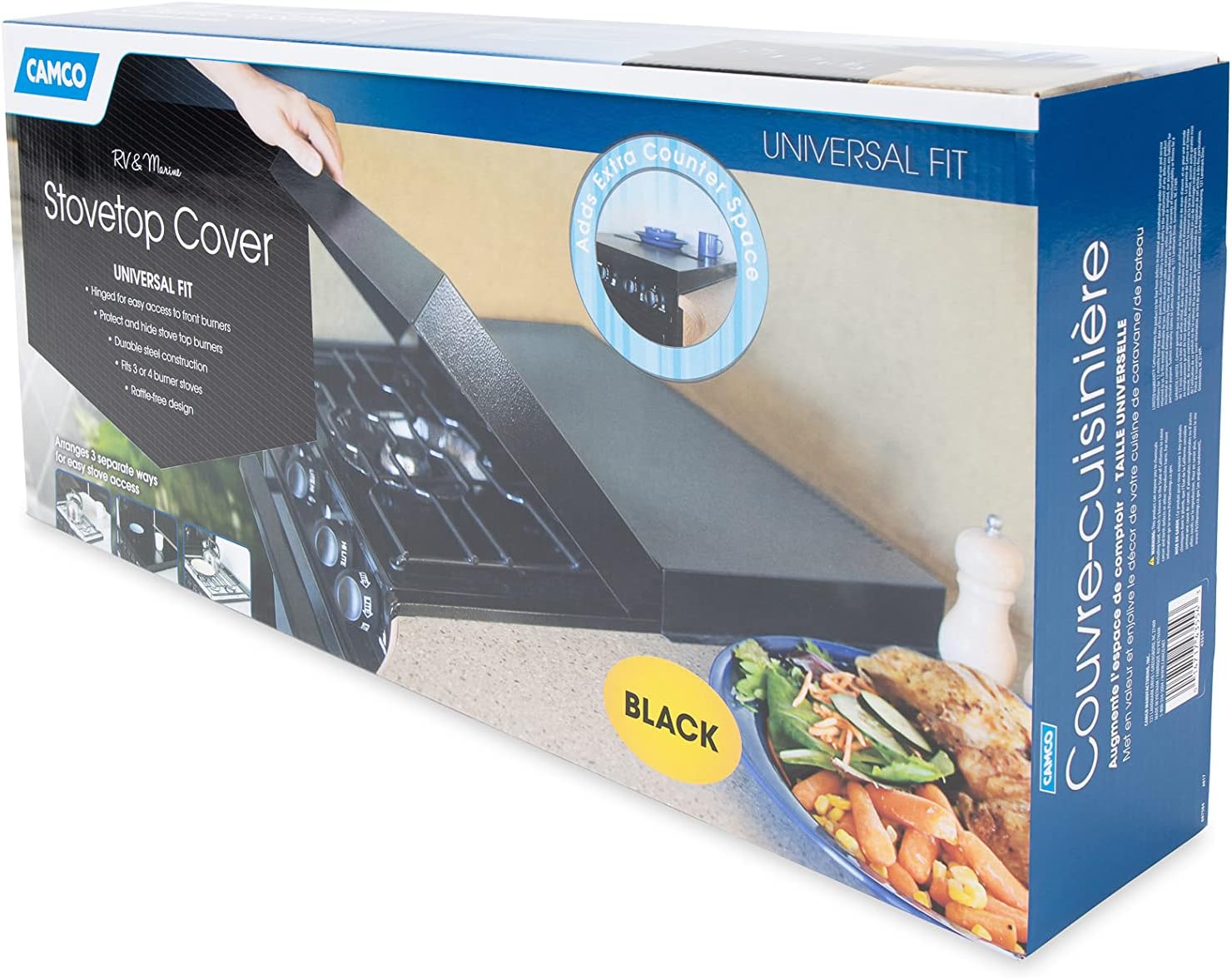 Camco Camper/RV Stove Top Cover | Features Hinged Design for Easy Access to Front Burners & Fits Most 3 or 4 Burner RV/Boat Stoves | Crafted of 20-Gauge Steel w/Powder-Coated Finish | Black (43554) - Image 7