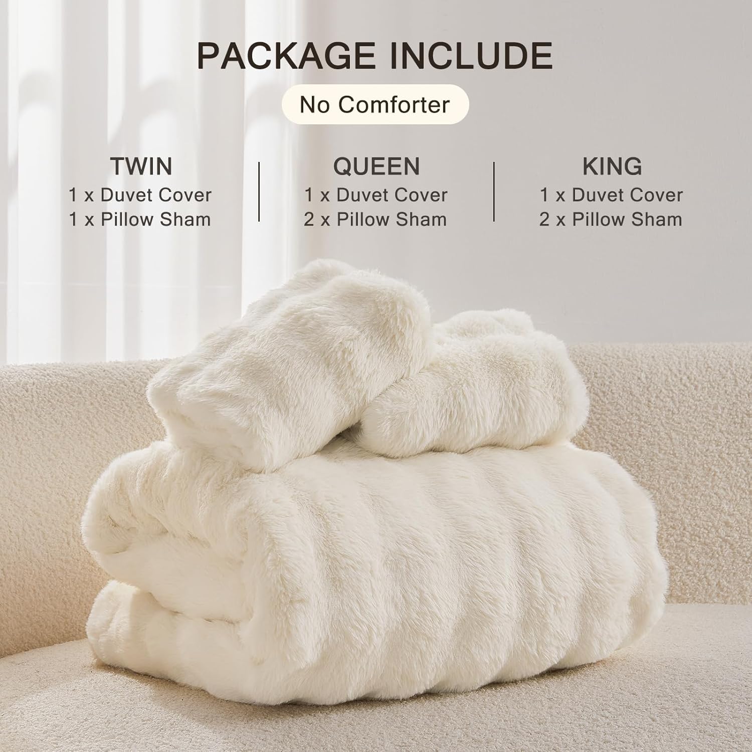 EMME Faux Fur Duvet Cover Queen Size, 3 Pieces Ultra Soft Fluffy Comforter Cover, Cozy Warm for Winter, Luxury Elegant Shaggy Bubble Design Bedding, 1 Duvet Cover & 2 Pillow Shams (Queen, Cream White) - Image 8