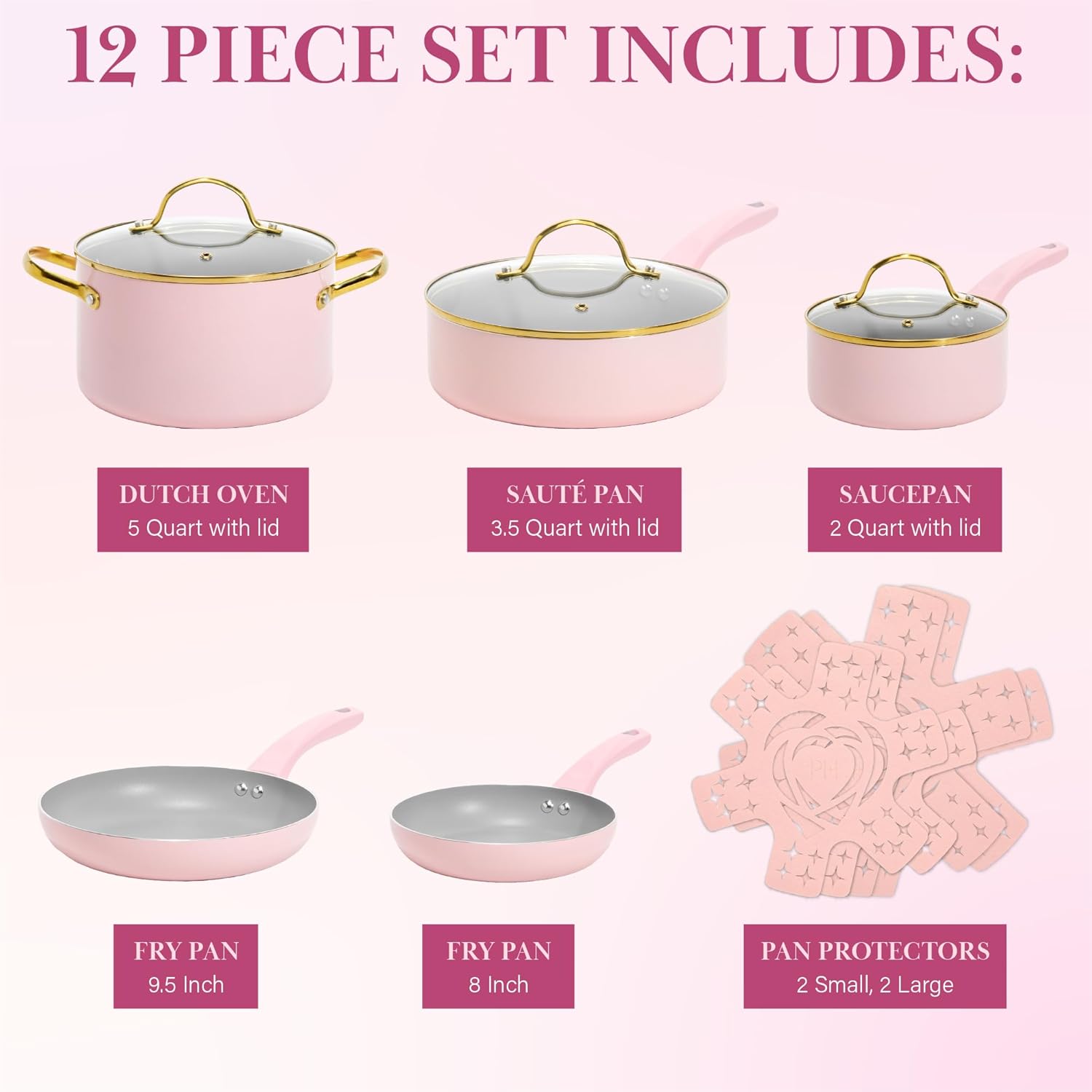 Paris Hilton Epic Nonstick Pots and Pans Set, Multi-layer Nonstick Coating, Tempered Glass Lids, Soft Touch, Stay Cool Handles, Made without PFOA, Dishwasher Safe Cookware Set, 12-Piece, Pink - Image 4
