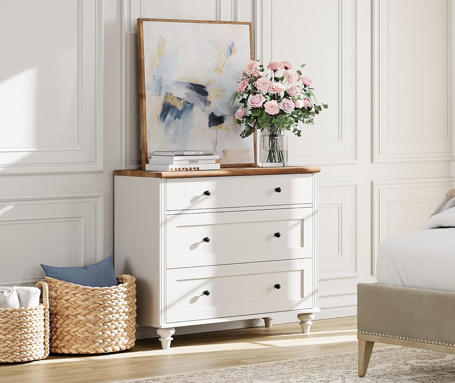 WAMPAT Farmhouse Nightstand with 3 Drawers, Set of 2 Large 3 Drawers Wood Bedside Table Night Stand, Wide Sofa Side End Table Chest of Dresser for Living Room, Bedroom, White, 34 inch - Image 8