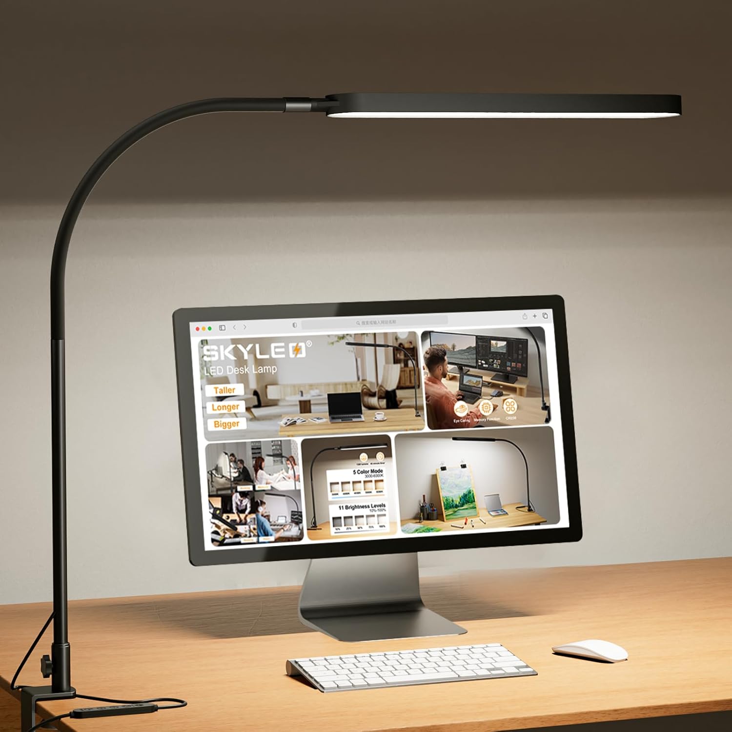 SKYLEO Led Desk Lamp – Desk Light for 33.5″ Tall – Flexible Gooseneck – 5 Color Modes X 11 Brightness Levels – 1300LM – Timmer & Memory Function – 12W Clip on Light – Black