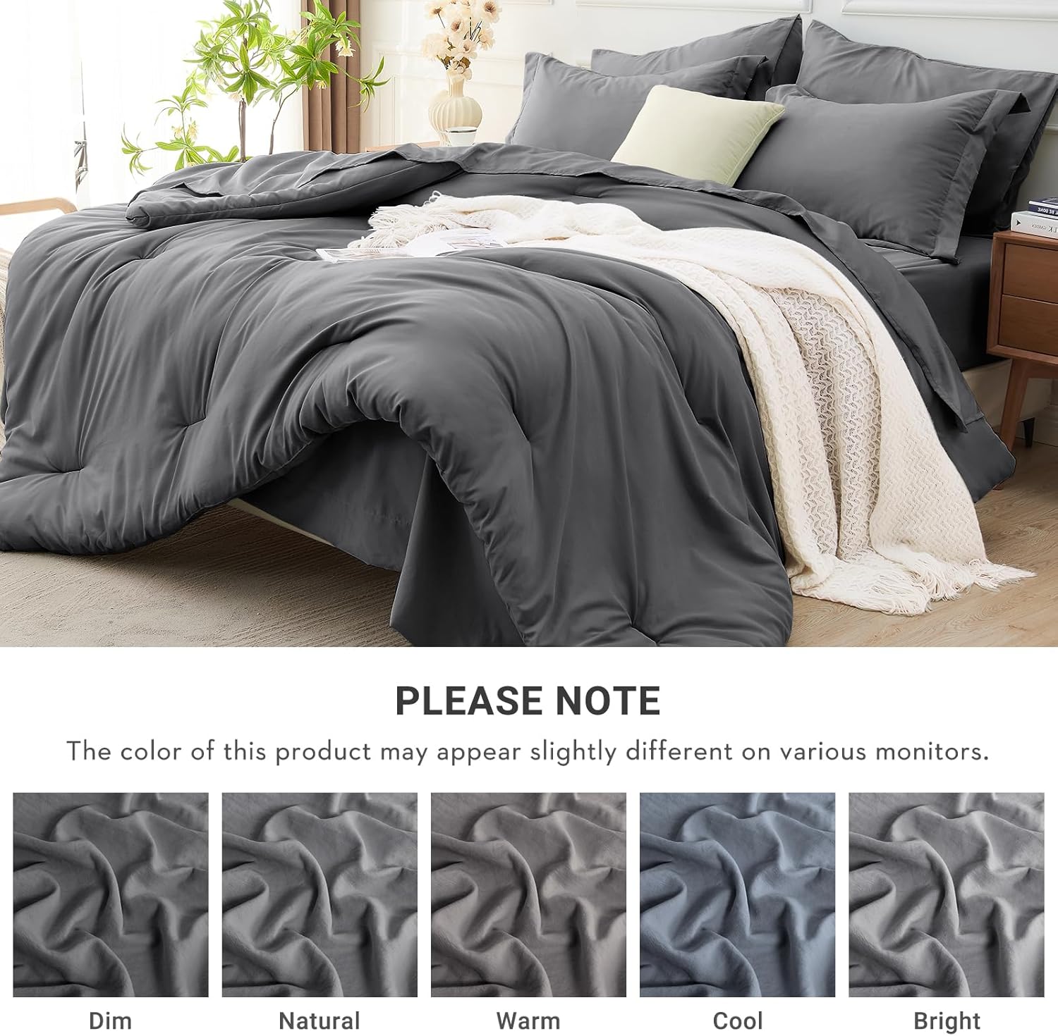 MUXHOMO 7 Pieces Queen Comforter Set, Soft Bed in a Bag Queen Size, All Season Bedding Set with Comforter, Flat Sheet, Fitted Sheet, Pillowcases & Shams, Dark Grey - Image 8