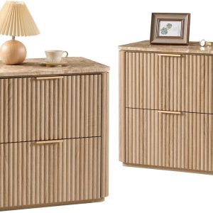 Fluted Nightstand Set of 2, Bedside Table with 2 Drawers, Engineered Wood End Table with Faux Marble-Top, Curved Corners, Metal Handle, Modern Night Stand for Bedroom, Small Spaces, Natural Oak