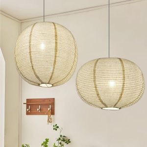 2PCS Burlap Pendant Light Shades – 16" Oval & Flat Round Shapes, Boho Natural Hanging Fabric Lampshades for Bedroom, Living Room, Kitchen Island, Storefront & Minimalist Decor
