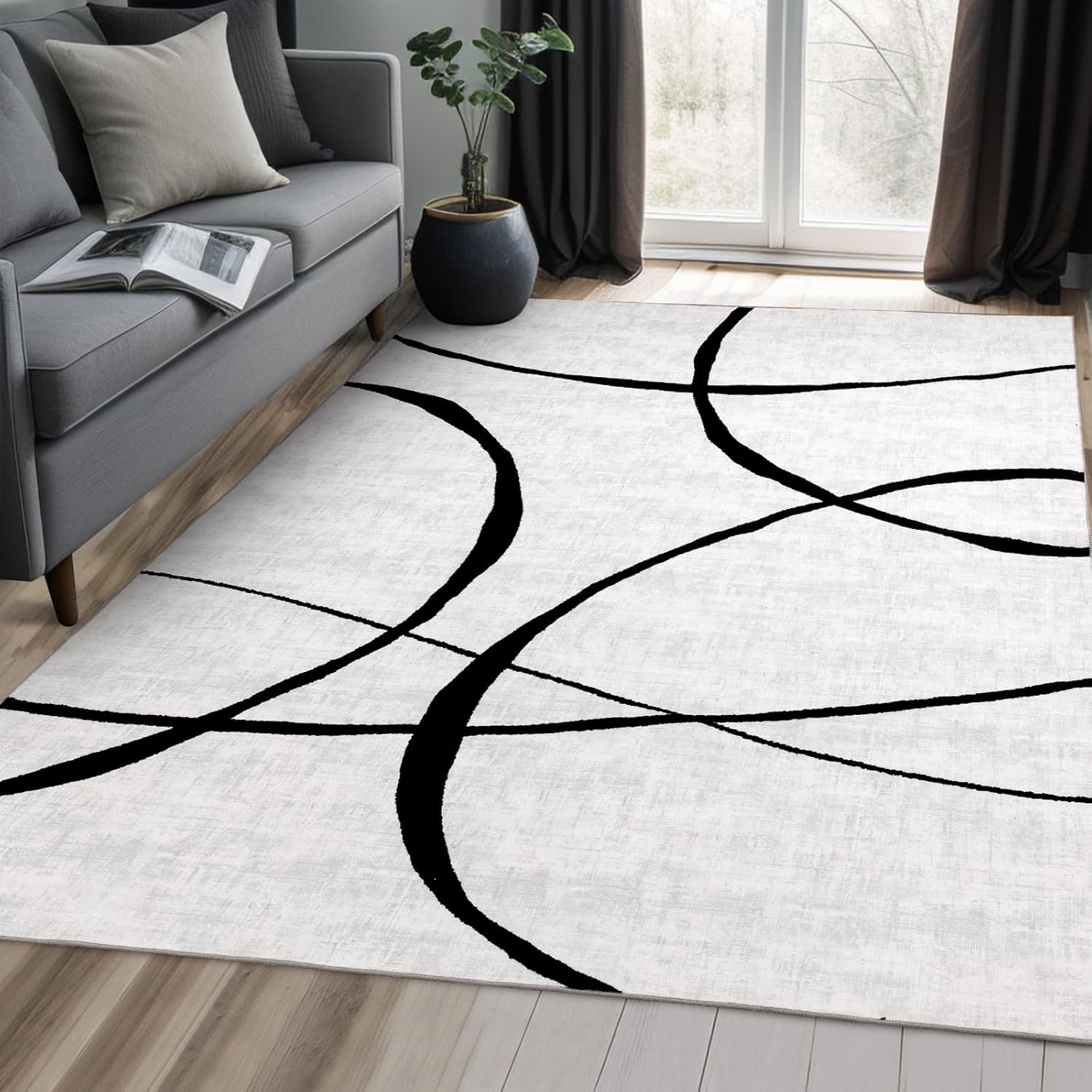 YIHOUSE 6'x9' Black and White Rug- Washable Area Rug for Living Room Bedroom, Large Modern Non-Slip Ultra-Thin Rug Home Decor,Curve,6x9ft - Image 3