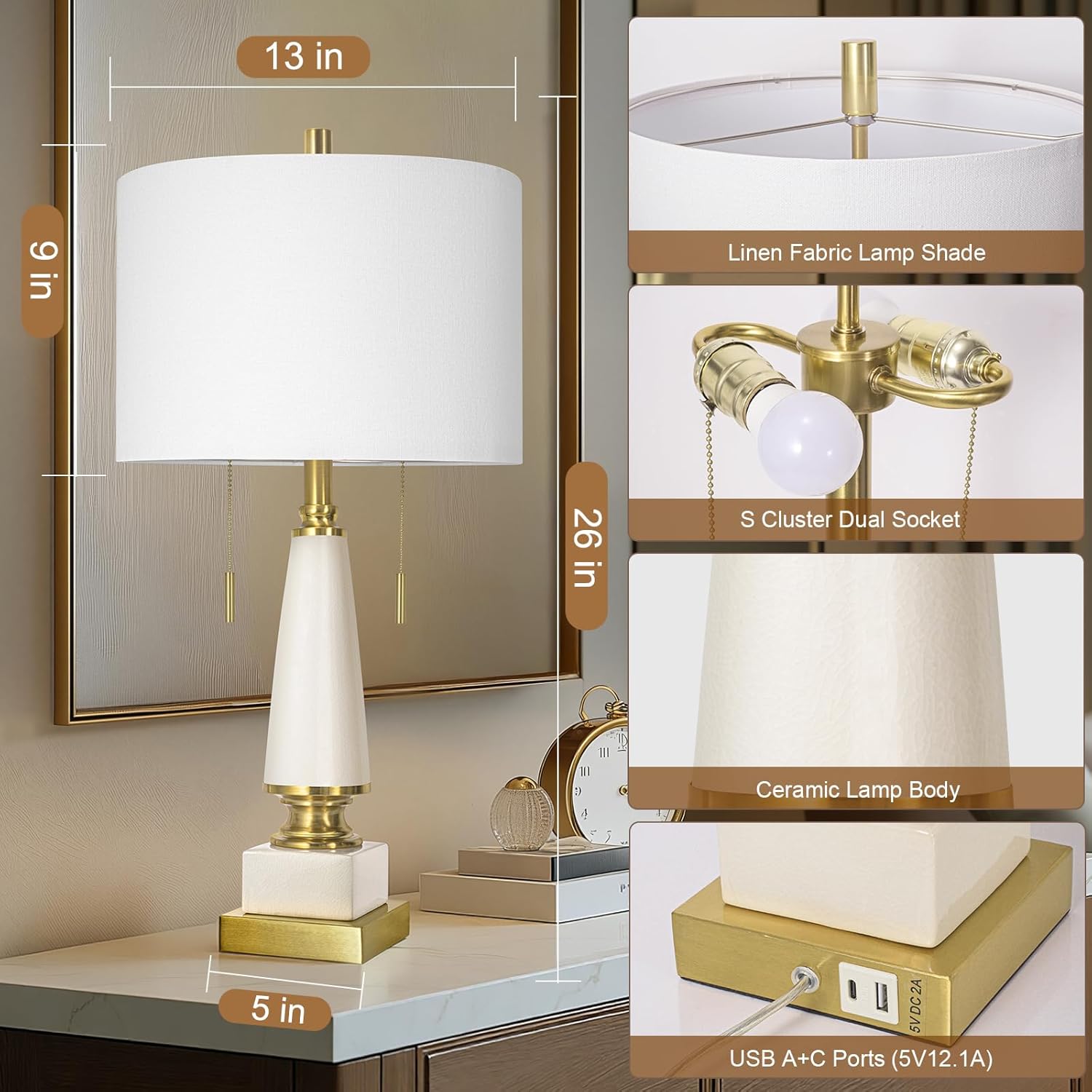 26" Bedside Table Lamps Set of 2, Ceramic Lamps for Living Room Nightstand with USB A+C Ports, Pull Chains Dual Switch, Modern Lamps with Linen Shade for Bedroom Office Home (Bulb Included) - Image 2