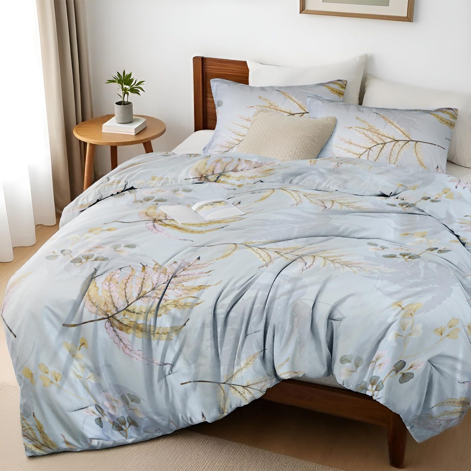 Large Bed Set – Floral Pattern Bed Set, 4-Piece Bedding, 1 Soft Plant Floral Duvet Cover, 1 Comfortable Plant Bed Sheet, and 2 Pillowcases (Leaf, King 104 * 90)