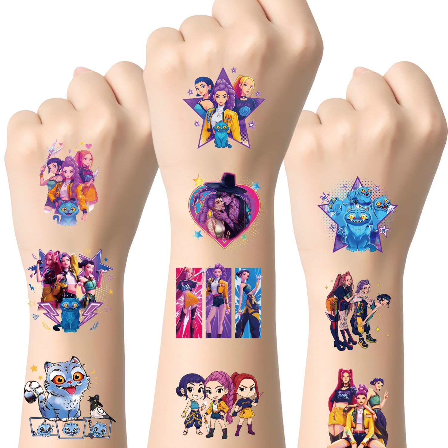4Sheet 64Design K-Pop Temporary Tattoos For Kids - 64Pcs Anime Movie Cartoon Temporary Tattoos Stickers for Party Favors Girl Boys Home Activity Class Prizes Carnival Christmas Rewards