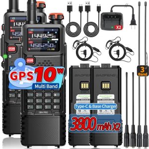 BAOFENG Ham Radio Handheld Long Range 5RH PRO GPS 10W Walkie Talkies NOAA Weather Receiver Two Way Radio Rechargeable 3800mAh Battery with USB-C Charger Tri Band Antenna for Hunting Gear,2 Pack