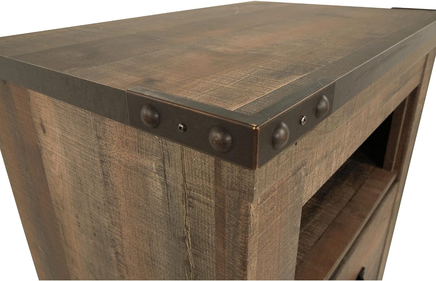 Signature Design by Ashley Trinell Rustic 1 Drawer Nightstand, USB Charing, Storage Cubby, Nailhead Accents, Wood, 24.72" W x 16.18" D x 26.22" H, Warm Brown - Image 8