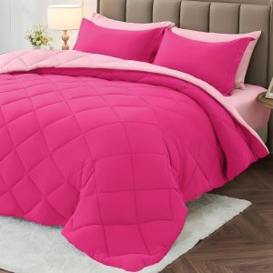 MUXHOMO 7 Pieces Queen Comforter Set, Reversible Bed in a Bag Queen Size, All Season Bedding Set with Comforter, Flat Sheet, Fitted Sheet, Pillowcases & Shams, Hot Pink & Baby Pink