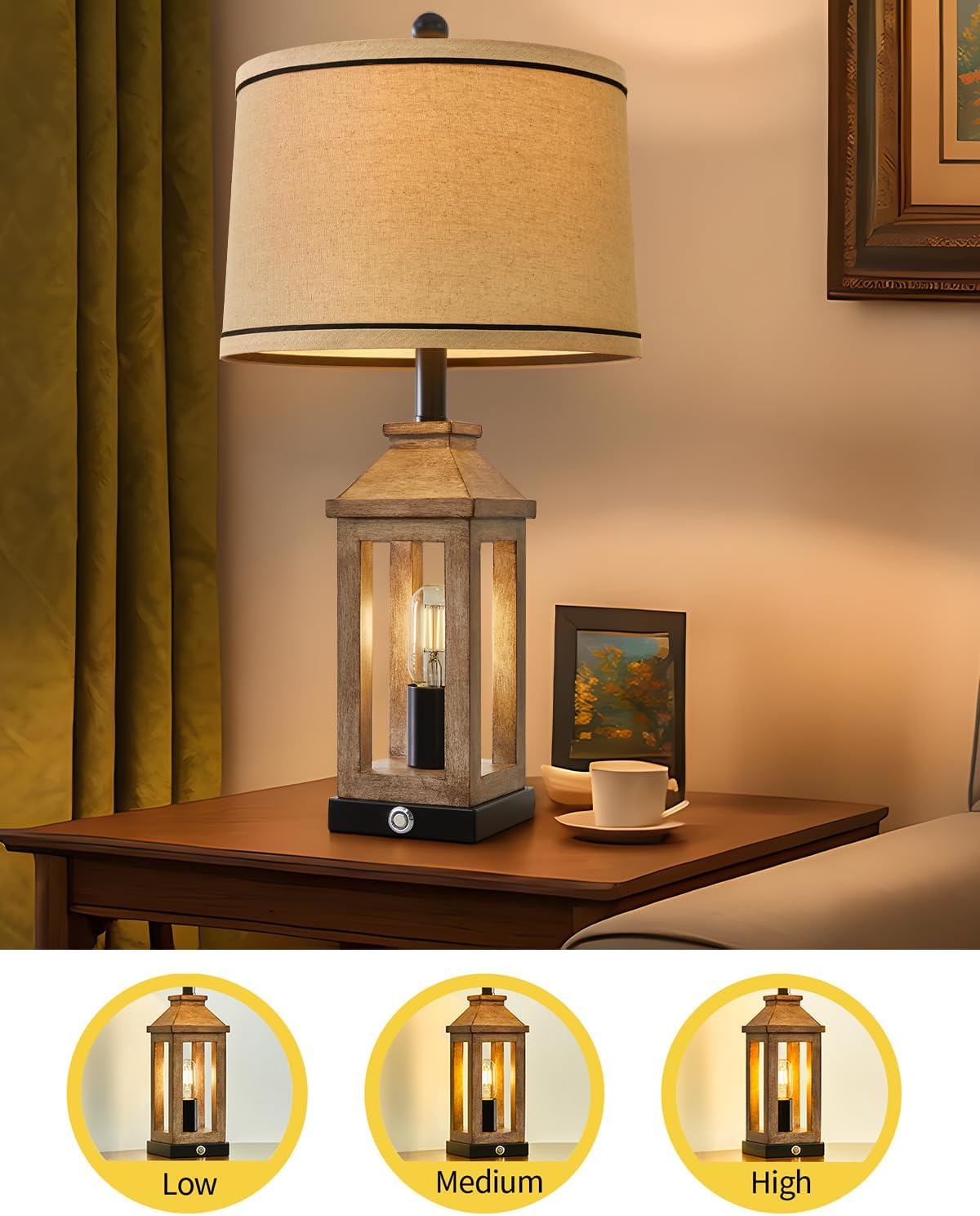 23.75" Farmhouse Table Lamps USB A+C Charging Ports 3-Way Dimmable Touch Control Lamp Nightlight Vintage Modern Lamp for Living Room Bedroom with 2 Light Sources - Image 3