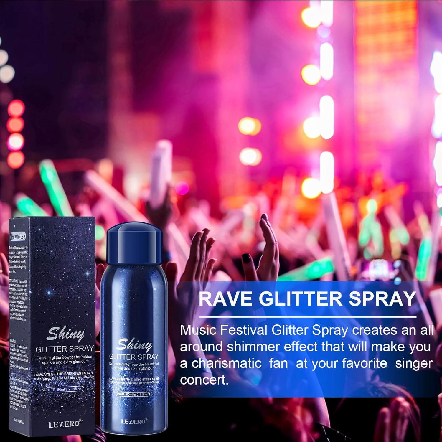 Lezero Body Glitter Spray, Temporary Shiny Hairspray for Face, Hair, Clothing, Long Lasting Quick-Drying Shimmer Mist for St. Patrick's Day, Music Festival Rave, Nightclub Party, Prom, 2oz - Image 2