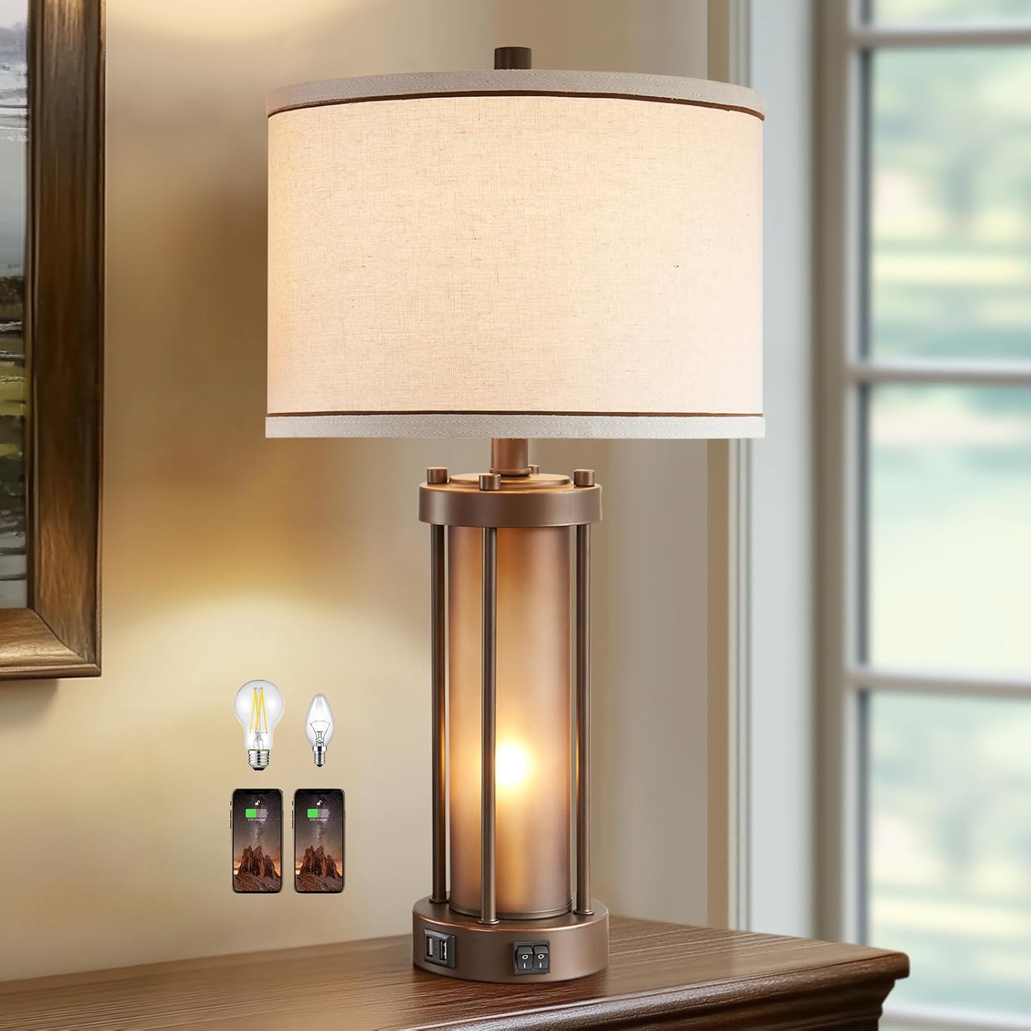 RORIA Farmhouse Table Lamps for Living Room with 2 USB Charging Ports, Vintage Rustic Nightstand Lamp with Amber Glass Nightlight, Retro Desk Lamp for Bedroom Entryway, 2 Bulbs Included - Image 2