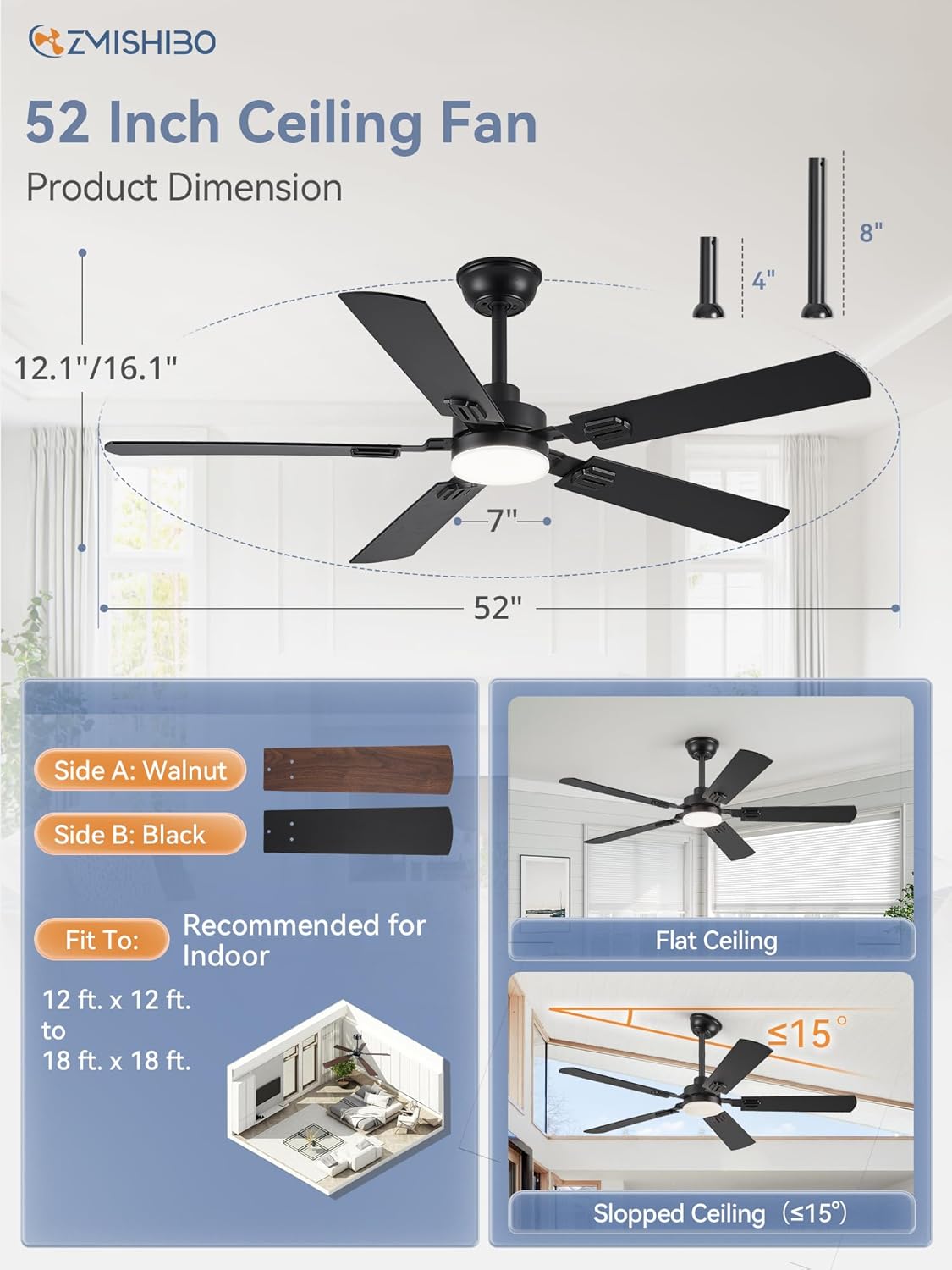 ZMISHIBO 52" Ceiling Fans with Lights, Black Modern Ceiling Fan with Remote, Farmhouse Indoor Ceiling Fan with Dual Finish Blades, Quiet & Strong Motor, Bright LED Light. - Image 5