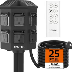 TiFFCOFiO Outdoor Power Strip with 25FT Extension Cord, Remote Control Dusk to Dawn Light Timer Waterproof, 6 Grounded Outlets for Halloween Inflatables and Decorations, ETL Listed