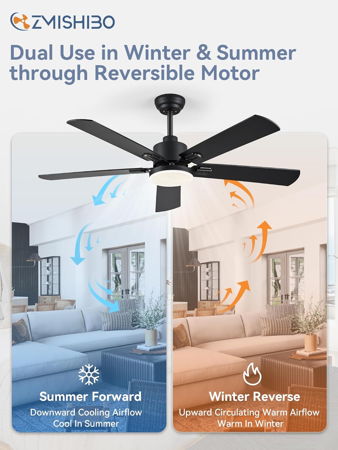 ZMISHIBO 2 Pack 52" Ceiling Fans with Lights, Black Modern Ceiling Fan with Remote, Farmhouse Indoor Ceiling Fan with Dual Finish Blades, Quiet & Strong Motor, Bright LED Light. - Image 5
