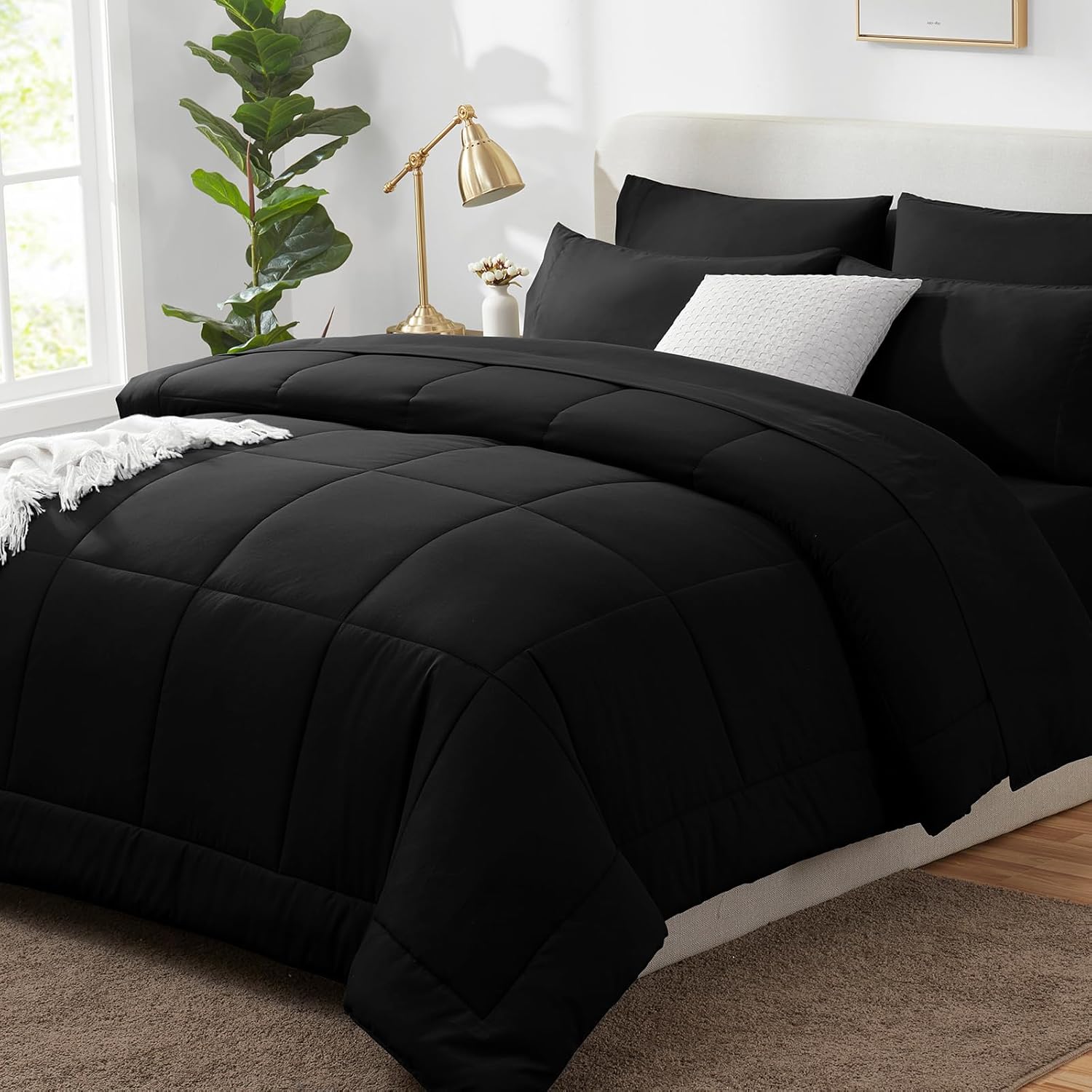 CozyLux King Size Comforter Set Black, 7 Pieces Bed in a Bag, Black Comforter King Size, All Season Bedding Sets with Stitch Quilted Comforter, Flat Sheet, Fitted Sheet, Pillowcases