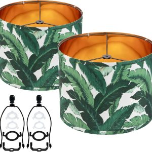 Farmhouse Lamp Shade Set of 2 - Vintage Barrel Drum Style, 11.8" Width x 5" Height, White And Green Tropical Leaf Pattern Design for Table/Floor/Wall Lamps, Easy Assembly with Harp Holder